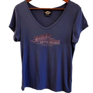 Harley Davidson Blue Rhinestone T-Shirt Size Large